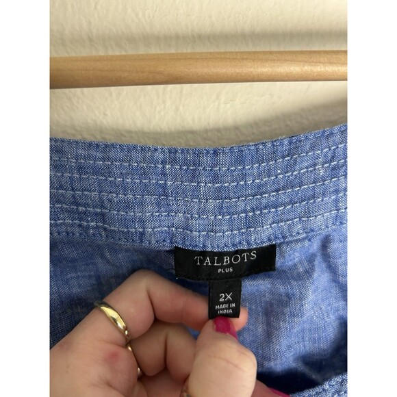 Talbots Blue Linen Top Short Puff Sleeve Tie Hem Blouse Women's Size Plus 2X - Picture 2 of 4